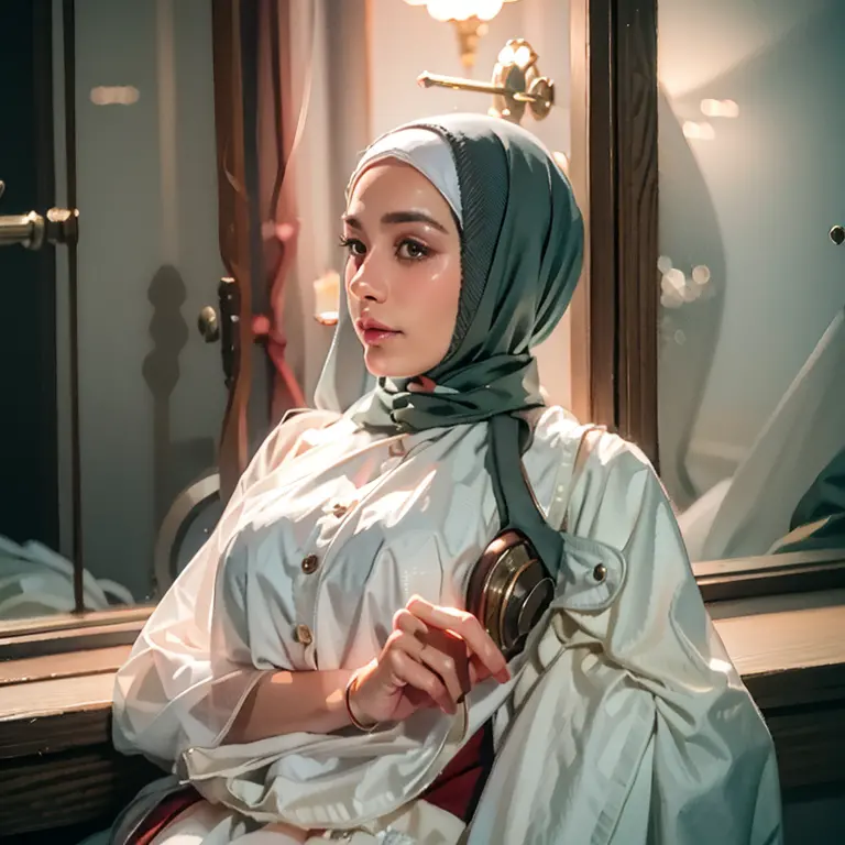 woman wearing a hijab sitting in a chair in front of a window, hijab, inspired by Nazmi Ziya Güran,  beautiful aesthetic, gorgeo...