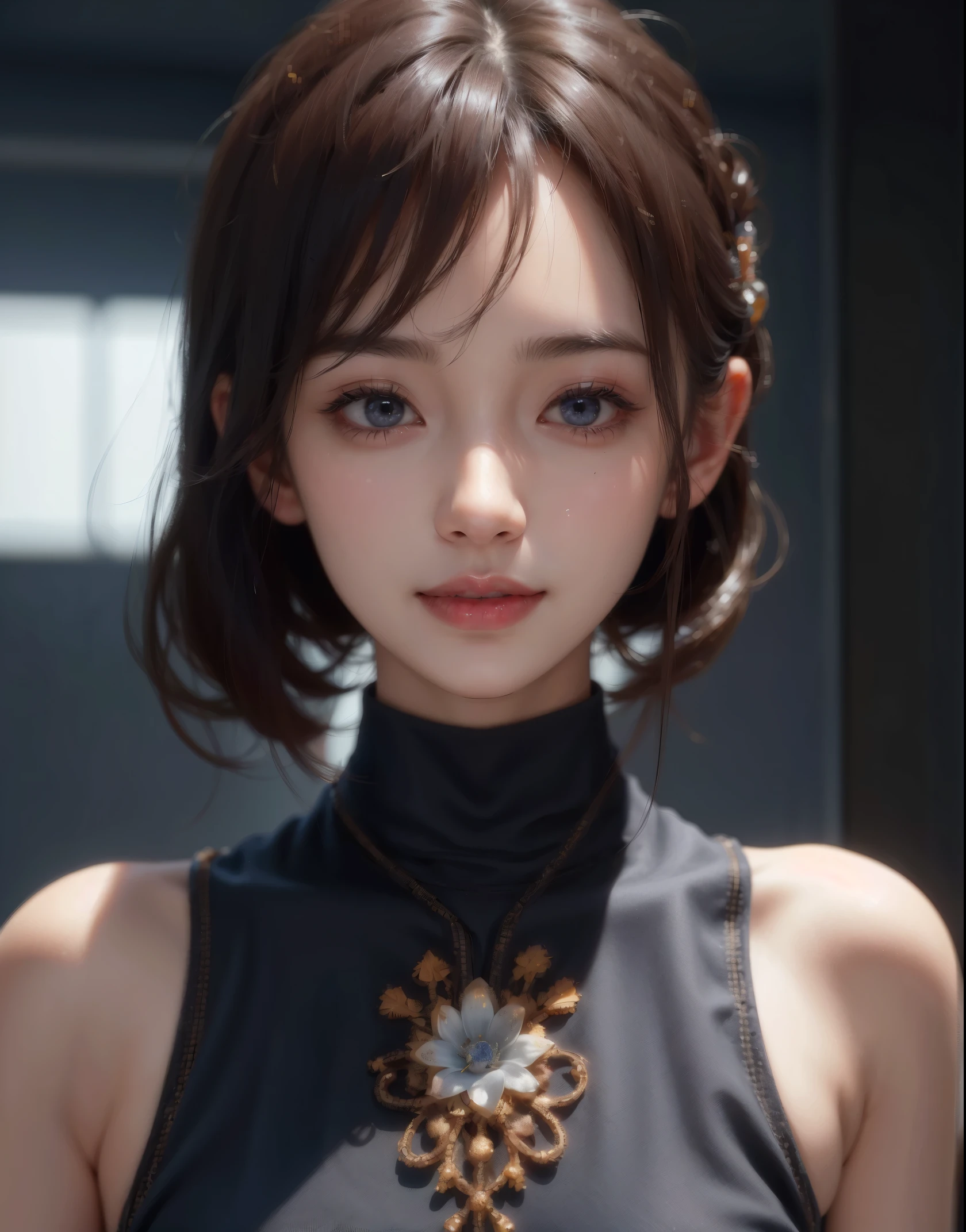 Masterpiece, 1 Beautiful Girl, Detailed, Swollen Eyes, Top Quality, Ultra High Resolution, (Reality: 1.4), Original Photo, 1Girl, Cinematic Lighting, Smiling, Japanese, Asian Beauty, Korean, Clean, Super Beautiful, Little Young Face, Beautiful Skin, Slender, Cyberpunk Background, (ultra realistic), (high resolution), (8K), (very detailed), (best illustration), (beautifully detailed eyes), (super detailed), (wallpaper), (detailed face), viewer looking, fine detail, detailed face, pureerosfaceace_v1, smiling, 46 point slanted bangs, looking straight ahead, neat clothes, dark colored eyes, clothes sleeveless, body facing front,