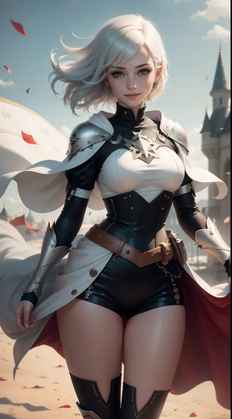 gwen tennyson,1girl,tracer,yorha 2b,y'shtola rhul,rebecca chambers,overwatch,atelier ryza,close up,fantasy castle view,tattoos,gray and white plugsuit,white short sleeve knight top,snowflake embroidery knight armor,tight lycra micro shorts,snowflake embroi...