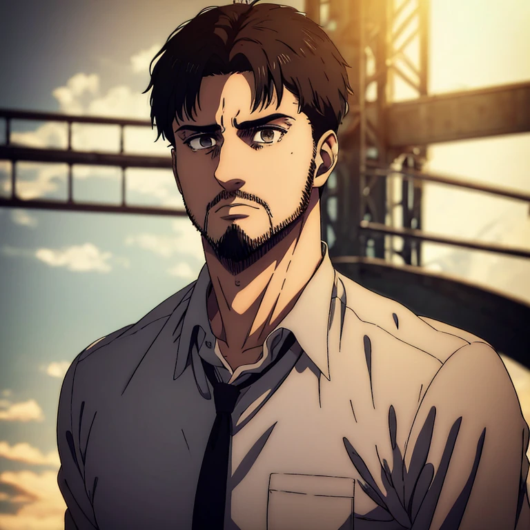 Teen male character who has dark brown eyes and  short black  hair in the Mappa art style. He is depicted in a grey shirt. He has short beard  in anchor goatee style in short length .He is also suit. He is also fair. The artwork should have the best quality, with ultra-detailed and realistic features. The color palette should be vivid, and the lighting should emphasize the character's facial structure and expression.