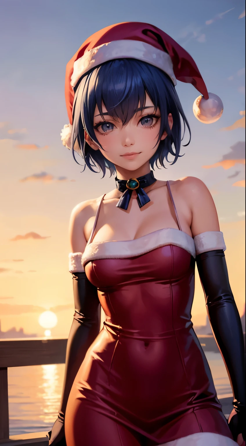 1girl, solo, masterpiece, best quality, high res, highly detailed, (illustration), beautiful detailed eyes, shiroganenaoto, blue hair, short hair ,glossy lips, light makeup, light smile, long white satin elbow gloves ,cowboy shot, (santa), red santa dress, santa hat