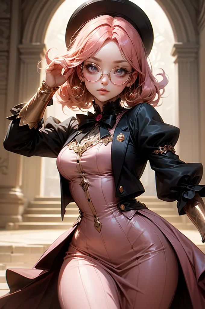 Anime girl tuxedo with curly rose gold hair and round gold glasses, rose gold eyes. Guviz style art, attractive detailed art sty...