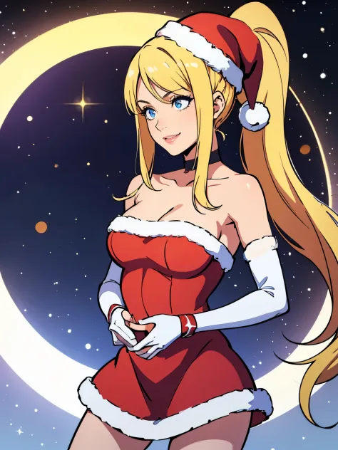 1girl, solo, masterpiece, best quality, high res, highly detailed, (illustration), beautiful detailed eyes,samus aranponytail, hair tie, glossy lips, makeup, smile, long white satin elbow gloves, cowboy shot, (santa), red santa dress, santa hat, strapless ...