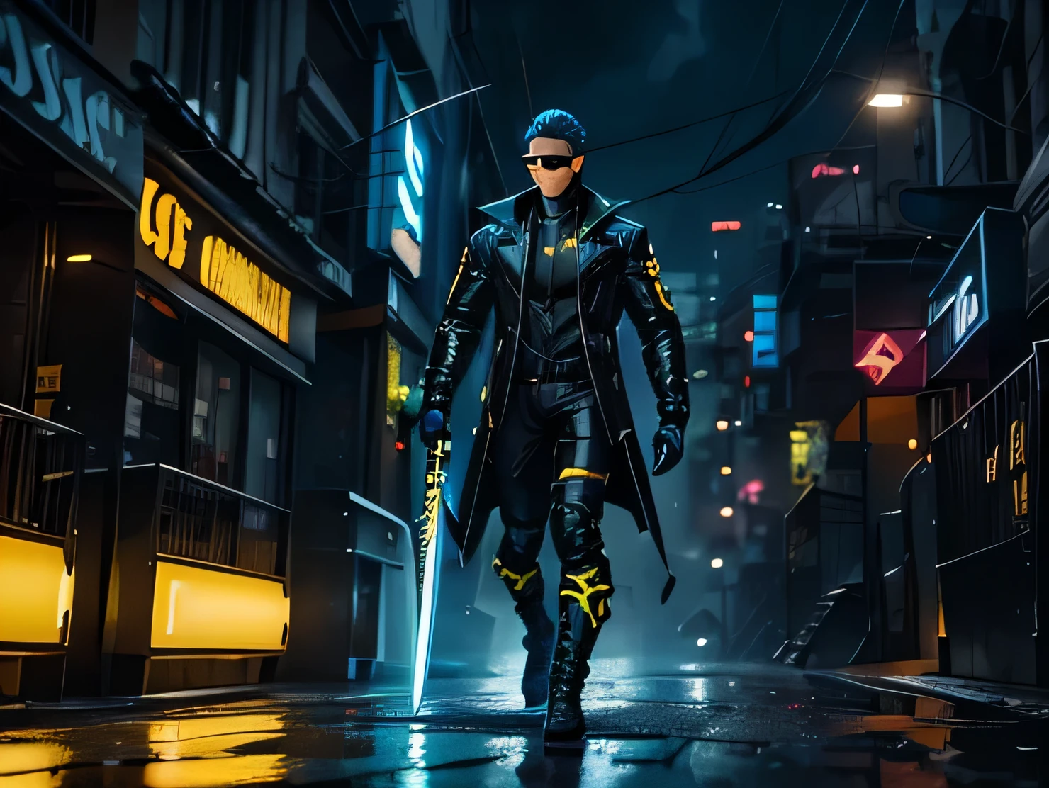 Héroe con chaqueta táctica negra y detalles amarillos., sosteniendo dos espadas relámpago azules , gafas estilo cíclope azul neón, cabello gris, caminando en la lluvia, estilo de arte cómico