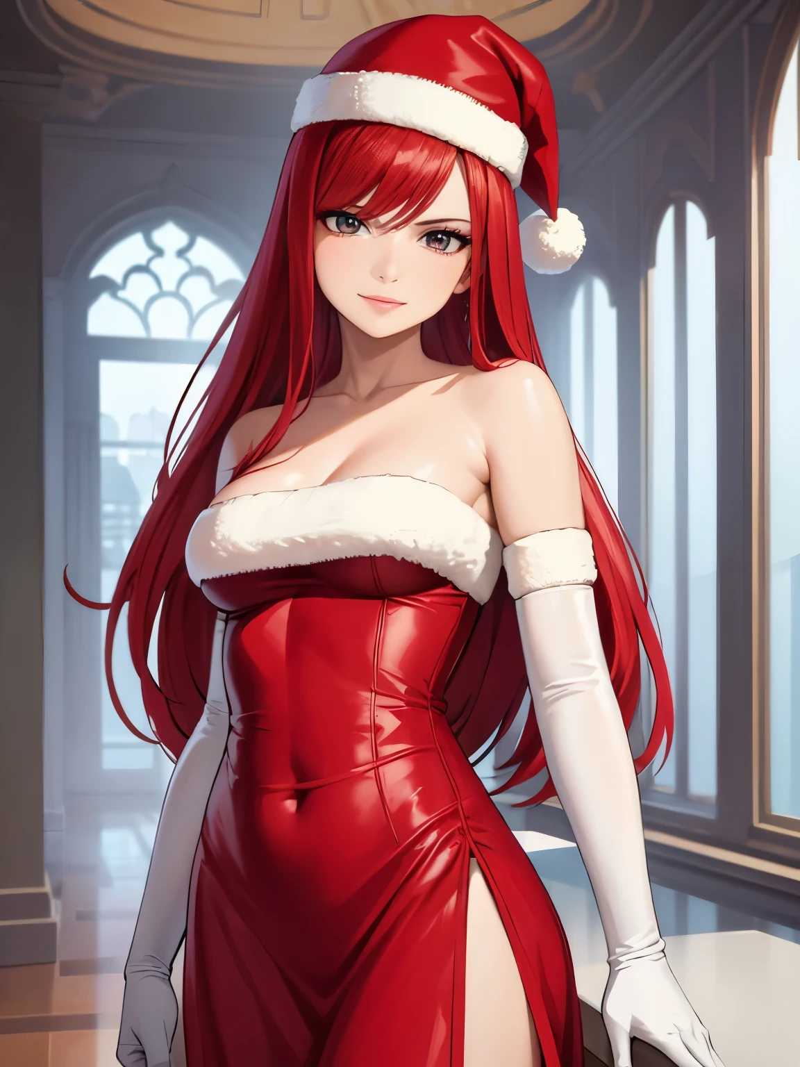 1girl, solo, masterpiece, best quality, high res, highly detailed, (illustration), beautiful detailed eyes,erzascarlet, red hair, long hair, glossy lips, makeup, smile, long white satin elbow gloves, cowboy shot, (santa), red santa dress, santa hat, strapless dress