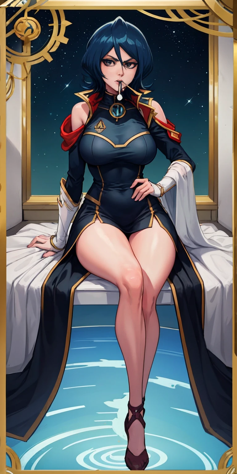 full body, 1  female, tarot cards (Prominence in Masterpiece, Best Quality: 1.2), solo, 1 girl,aqua, serious, mouth closed, looking at viewer, sitting, legs crossed, big thighs, big breasts,blue hair)