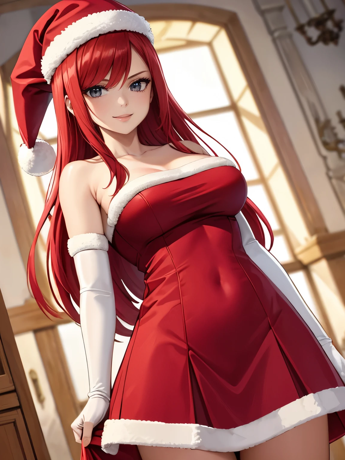 1girl, solo, masterpiece, best quality, high res, highly detailed, (illustration), beautiful detailed eyes,erzascarlet, red hair, long hair, glossy lips, makeup, smile, long white satin elbow gloves, cowboy shot, (santa), red santa dress, santa hat, strapless dress