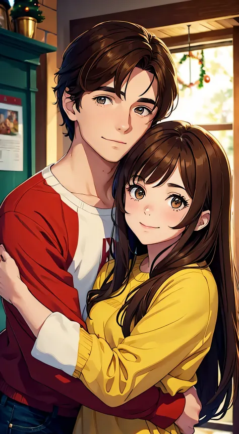 a girl with brown hair hugs a guy with brown hair. Christmas. The best picture quality