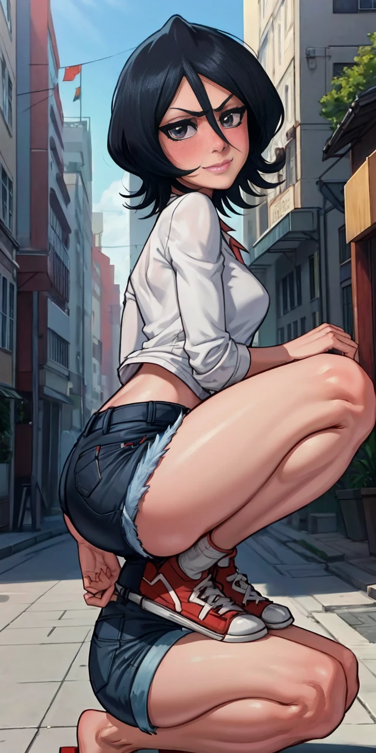 anime screencap, city, 1girl, solo, short hair, black hair, purple eyes, looking at the viewer, hair between eyes, lustful smirking smile blush, closed mouth, ass, camel's foot, wide hips, short top, short shorts, unbuttoned shorts, squatting, legs apart, erotica, back