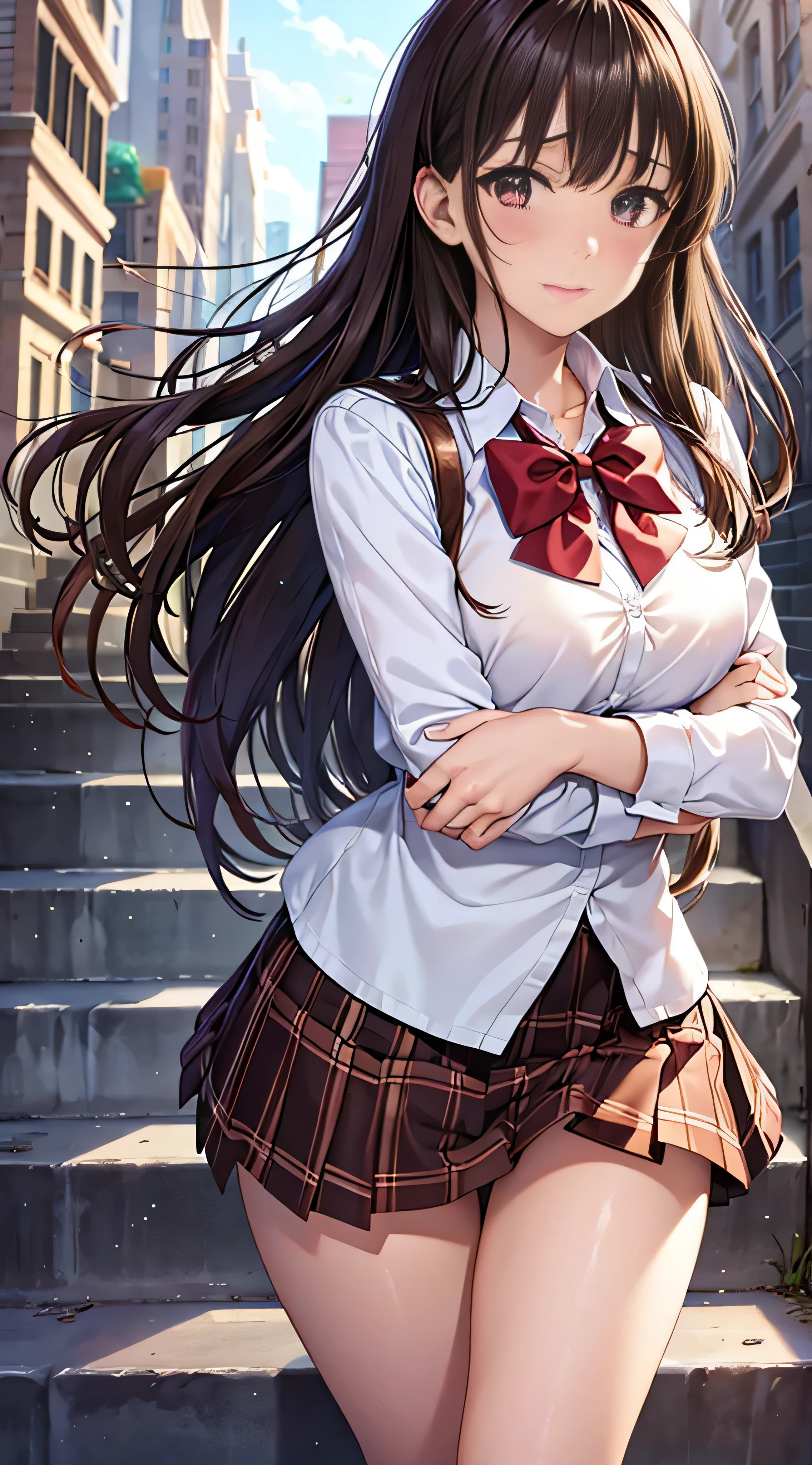 ((masutepiece, Best Quality, hight resolution, nffsw, Perfect Pixel,  4K, nffsw, nffsw))), 1girl in, Single, Solo, Beautie、full body seen、 ((Middle Wave Hair, Bangs, Brown hair)), ((Brown-eyed, Beautiful eyelashes, Realistic eyes)), ((Detailed face, Blushing:1.2)), ((Smooth texture:0.75, Realistic texture:0.65, Photorealistic:1.1, Anime CG style)), medium breasts, Dynamic Angle, Perfect body,  ((red bowtie, , , White shirt, Black skirt, plaid skirts)), City staircase、Looking up from the bottom of the stairs、Very embarrassing panic smile、Open your mouth and make a surprised face、 turned around、bending forward、(The wind flipped my skirt and exposed my butt...........................、stick out your butt、Touching the buttocks with both hands、Pink lace panties)、