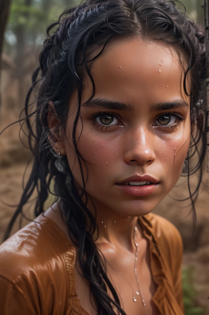 ((zoe kravitz)), ((she stands in the savannah under a tree)), threatening storm clouds in the background, ((it's raining)), ((wet clothing)), ((wet hair)), (wet body), (she wears an ochre-colored long dress), ((she has round breasts)), (small head), ((detailed face)), soft cinematic light, ((((Kino-Look)))), (photorealestic), (Raytracing), (keen focus), ((natural realistic skin texture)), detailed face, Detailed Lips, detailled eyes, Double eyelidd, (1 image), (1 Frau)