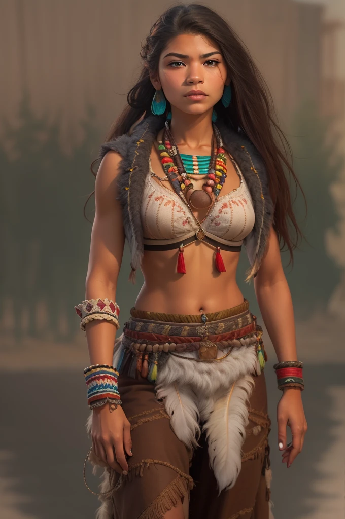 ((Zendaya is a native American woman)), ((who wears the typical clothes of a squaw)), (sie sitzt an einem Lagerfeuer), ((schlanke frau)), (kleiner Kopf), ((natural skin texture)), ((she has small round breasts)), ((Ausdrucksstarkes detailliertes Gesicht)), (fotorealistisch), (Raytracing), (scharfer Fokuull entire body))