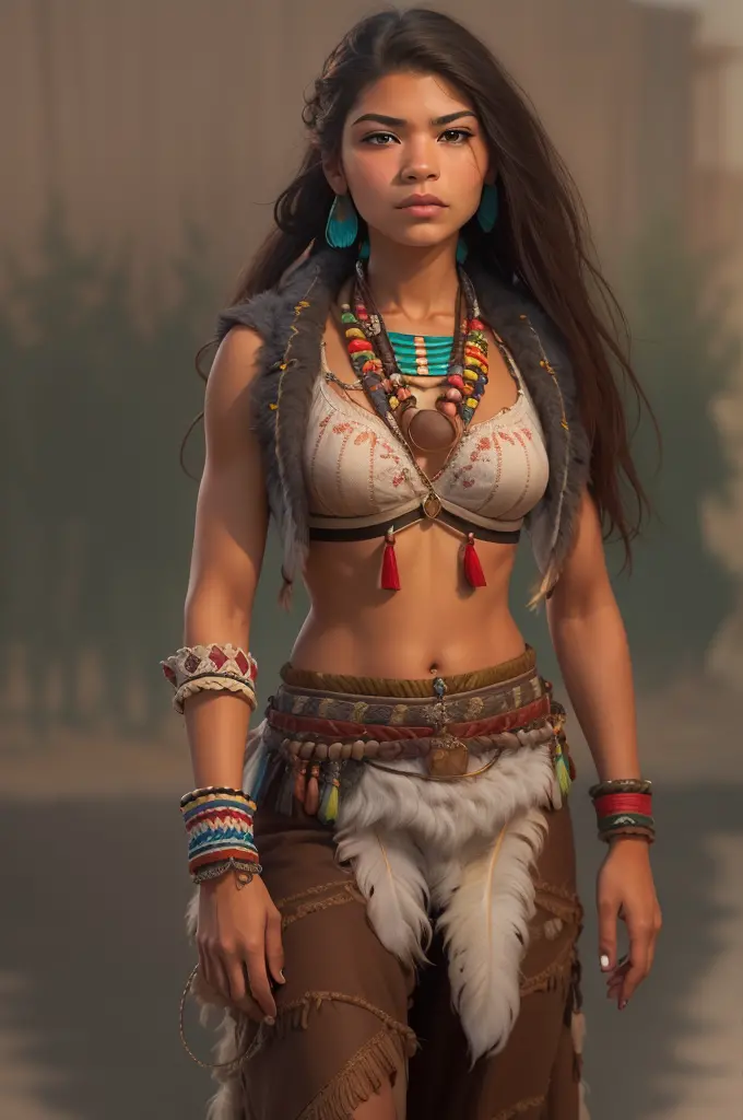 ((Zendaya is a native American woman)), ((who wears the typical clothes of a squaw)), (sie sitzt an einem Lagerfeuer), ((schlank...