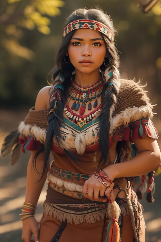 ((Zendaya is a native American woman)), ((who wears the typical clothes of a squaw)), (sie sitzt an einem Lagerfeuer), ((schlank...