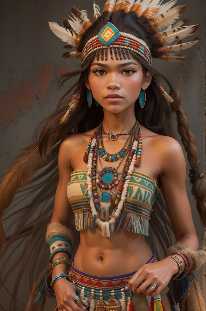 ((Zendaya is a native American woman)), ((who wears the typical clothes of a squaw)), (sie sitzt an einem Lagerfeuer), ((schlanke frau)), (kleiner Kopf), ((natural skin texture)), ((she has small round breasts)), ((Ausdrucksstarkes detailliertes Gesicht)), (fotorealistisch), (Raytracing), (scharfer Fokuull entire body))