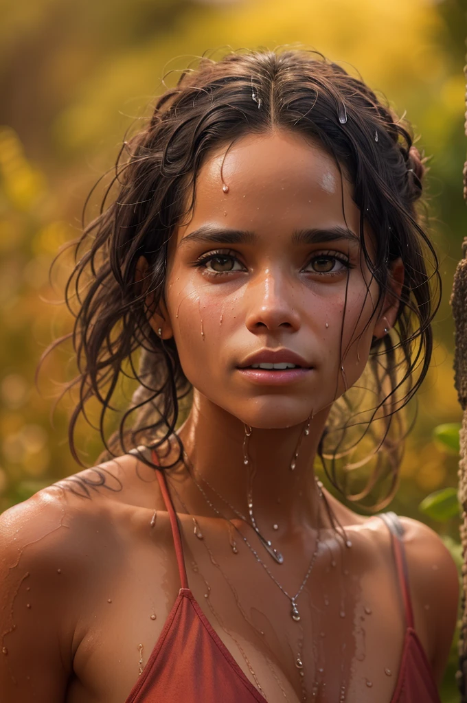 ((zoe kravitz)), ((she stands in the savannah under a tree)), threatening storm clouds in the background, ((it's raining)), ((wet clothing)), ((wet hair)), (wet body), (she wears an ochre-colored long dress), ((she has round breasts)), (small head), ((detailed face)), soft cinematic light, ((((Kino-Look)))), (photorealestic), (Raytracing), (keen focus), ((natural realistic skin texture)), detailed face, Detailed Lips, detailled eyes, Double eyelidd, (1 image), (1 Frau)