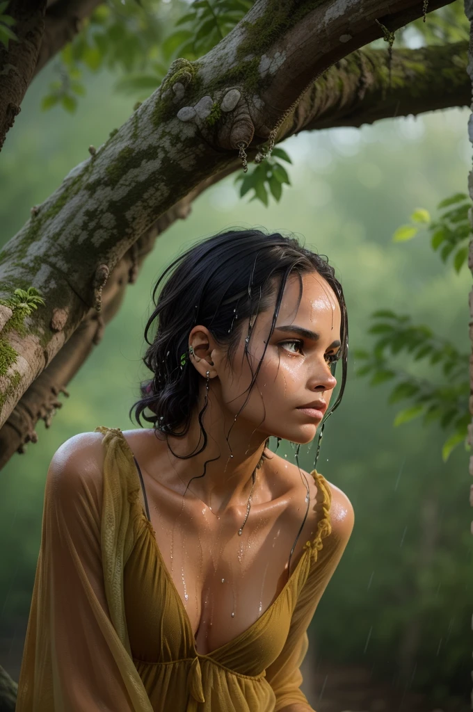 ((zoe kravitz)), ((she stands in the savannah under a tree)), threatening storm clouds in the background, ((it's raining)), ((wet clothing)), ((wet hair)), (wet body), (she wears an ochre-colored long dress), ((she has round breasts)), (small head), ((detailed face)), soft cinematic light, ((((Kino-Look)))), (photorealestic), (Raytracing), (keen focus), ((natural realistic skin texture)), detailed face, Detailed Lips, detailled eyes, Double eyelidd, (1 image), (1 Frau)