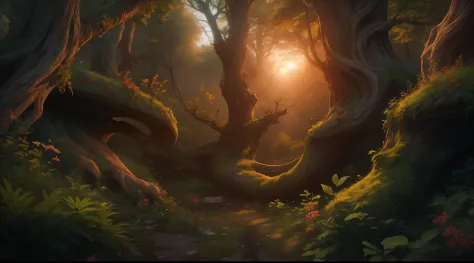incredibly beautiful sunset in an ancient mysterious forest, unprecedented creatures are hiding among the forest, ultra-detailed, surrealism, dark botany, fantasy, high quality, ultra-detailed, hyperrealism, 8k, full hd