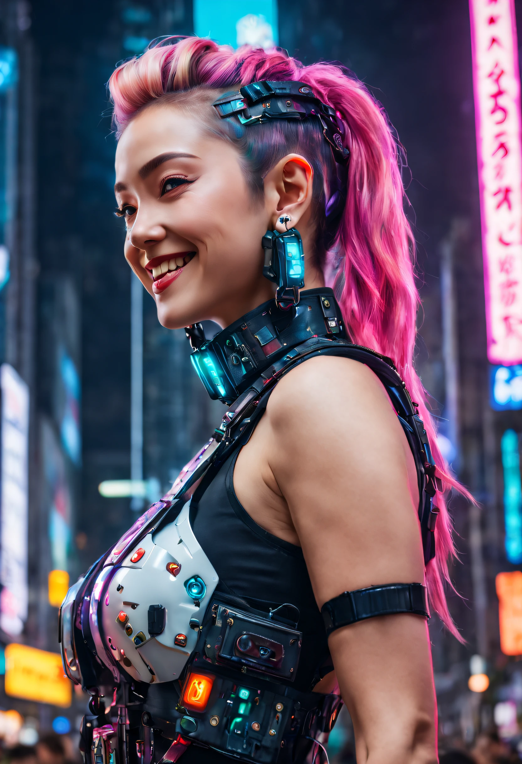 Meisterwerk, beste Qualität, ((lächelnd)) cyberpunk girls standing, Seitenansicht, Cyberpunk-Ganzkörperharnisch im Harajuku-Stil, kräftige Farben und Muster, auffällige Accessoires, Trendy und innovative Frisur, Schillernde Cyberpunk-Stadtlandschaft, Wolkenkratzer, leuchtende Neonschilder, LED Lichter, Anime-Illustration, detaillierte Hautstruktur, detaillierte Stoffstruktur, schönes detailliertes Gesicht, komplizierte Details, Extrem detailliert, filmische Beleuchtung, starker Kontrast. DIE INFO