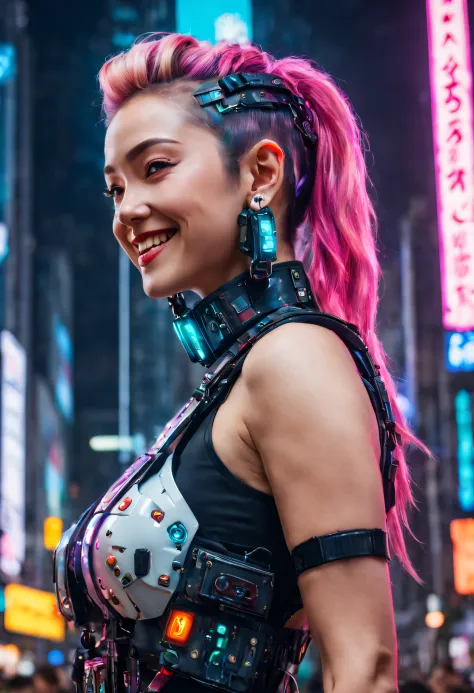 masterpiece, best quality, ((smiling)) cyberpunk girls standing, side view, Harajuku-inspired cyberpunk body harness, bold color...