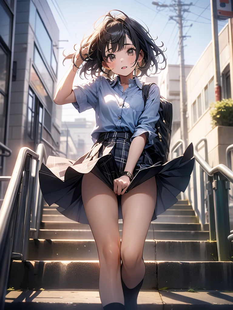 in 8K、top-quality、​masterpiece、ultra-detailliert、Ultra-high resolution、((1 persons))、girl with、校服、Braided hair、makeups、plaid skirts、heavy wind、((((Flip the skirt))))、(((panties on)))、View of the city