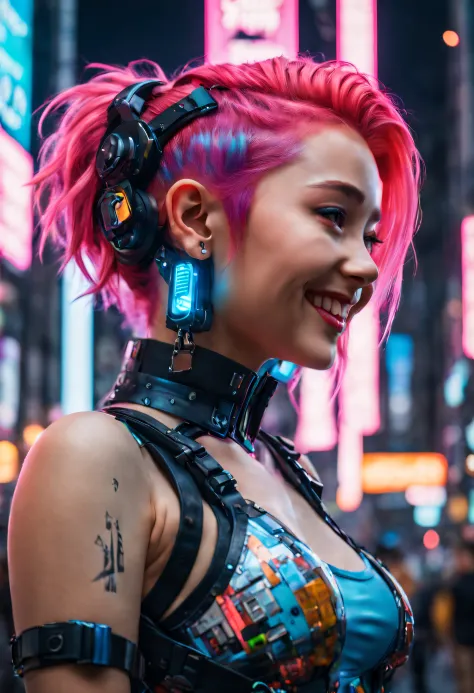 masterpiece, best quality, ((smiling)) cyberpunk girls standing, side view, Harajuku-inspired cyberpunk body harness, bold color...