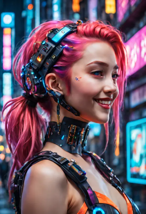 masterpiece, best quality, ((smiling)) cyberpunk girls standing, side view, harajuku-inspired cyberpunk body harness, bold color...