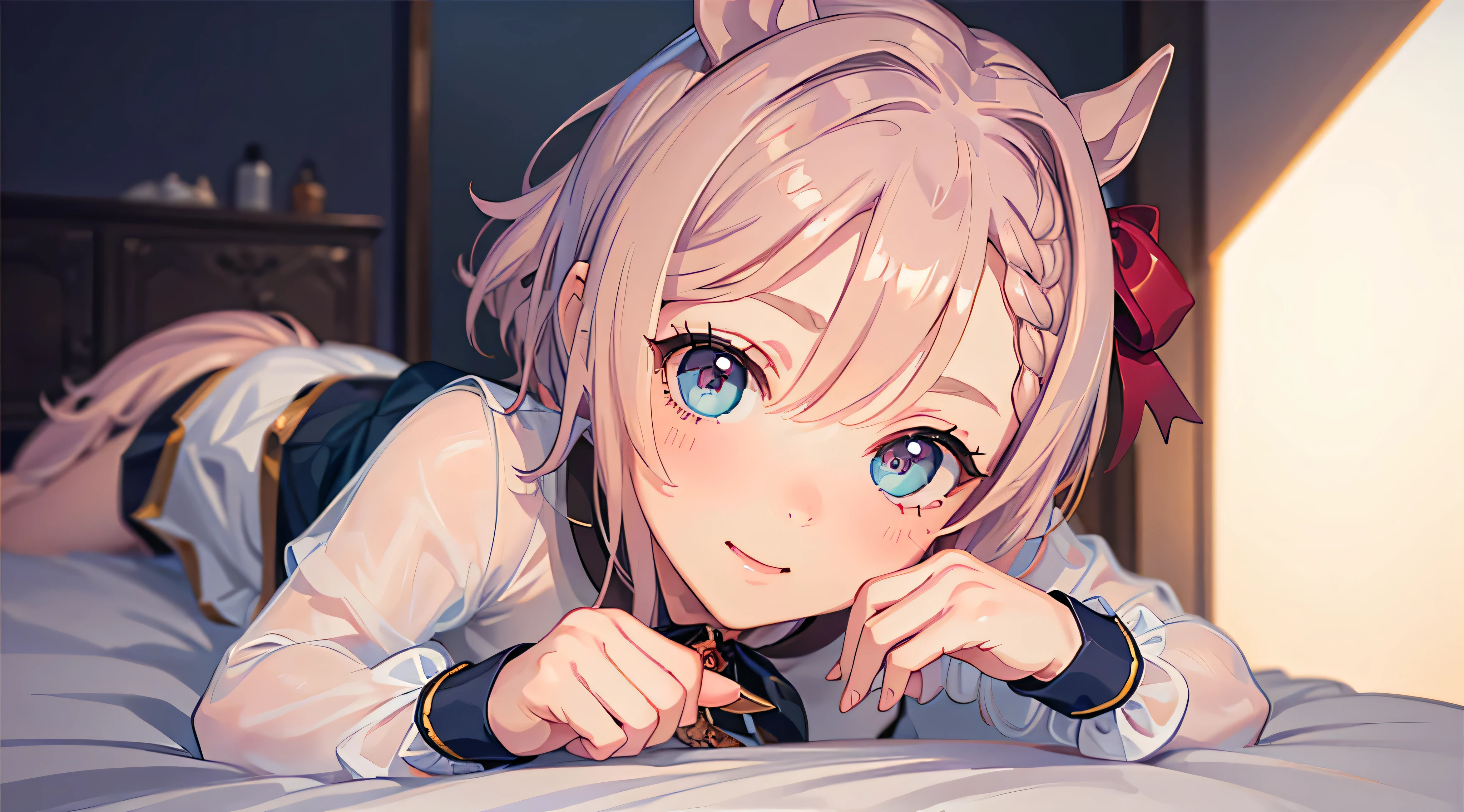 Anime girl laying on bed with her eyes closed and her hands on her chin -  SeaArt AI