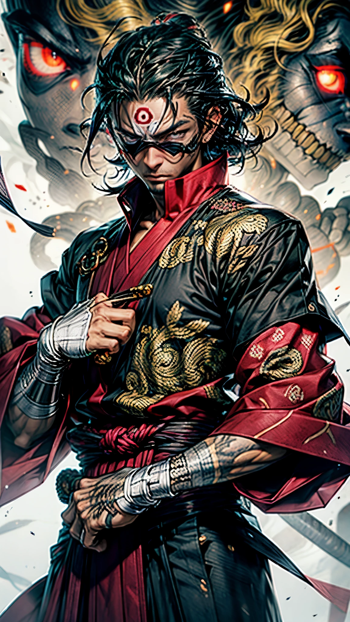 A close up of a man in a red and black outfit holding a sword - SeaArt AI