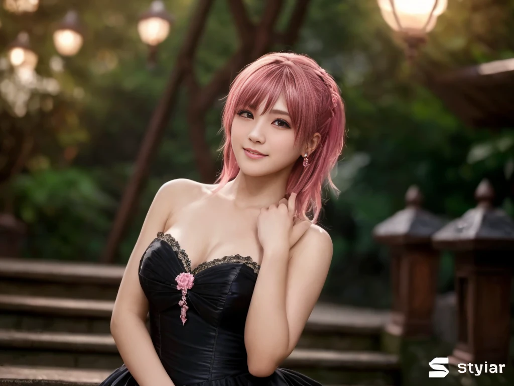 "(best quality,highres,master part:1.2),ultra detali,portraite,beautiful and detailed face,精致的面容,pink hair,medium brown eyes,perfectbody,soft lighting,vivid color, cute smile expression