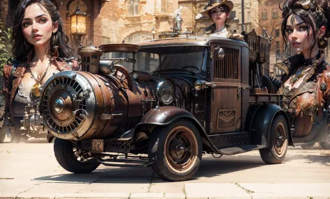 Steampunk Pick Up parked in the foreground with two beautiful steampunk women in the background in front of steampunk buildings