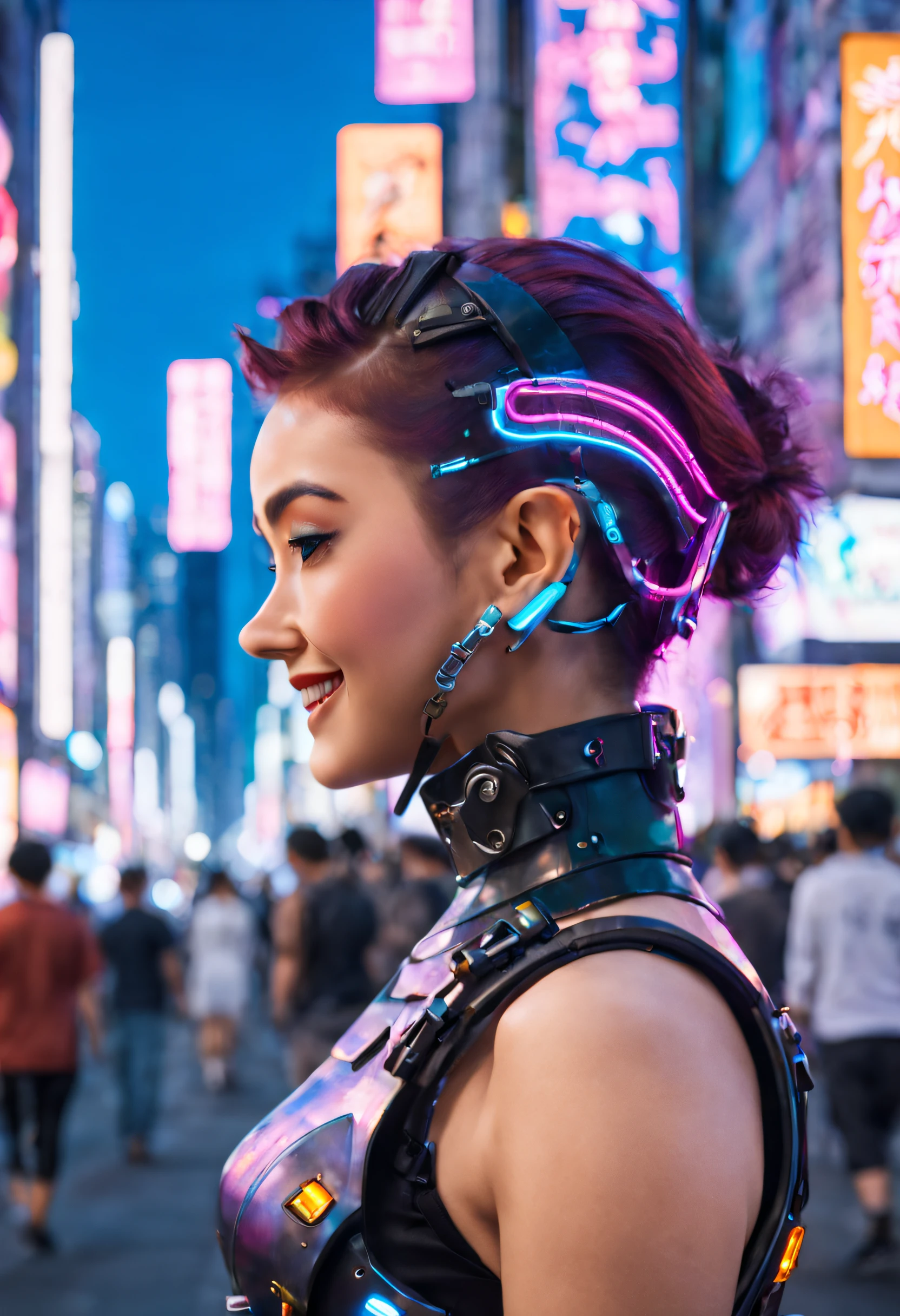 masterpiece, best quality, ((smiling)) cyberpunk girls standing, side view, Harajuku-inspired cyberpunk body harness, bold colors and patterns, eye-catching accessories, trendy and innovative hairstyle, dazzling Cyberpunk cityscape, skyscrapers, glowing neon signs, LED lights, anime illustration, detailed skin texture, detailed cloth texture, beautiful detailed face, intricate details, ultra detailed, cinematic lighting, strong contrast. INFO