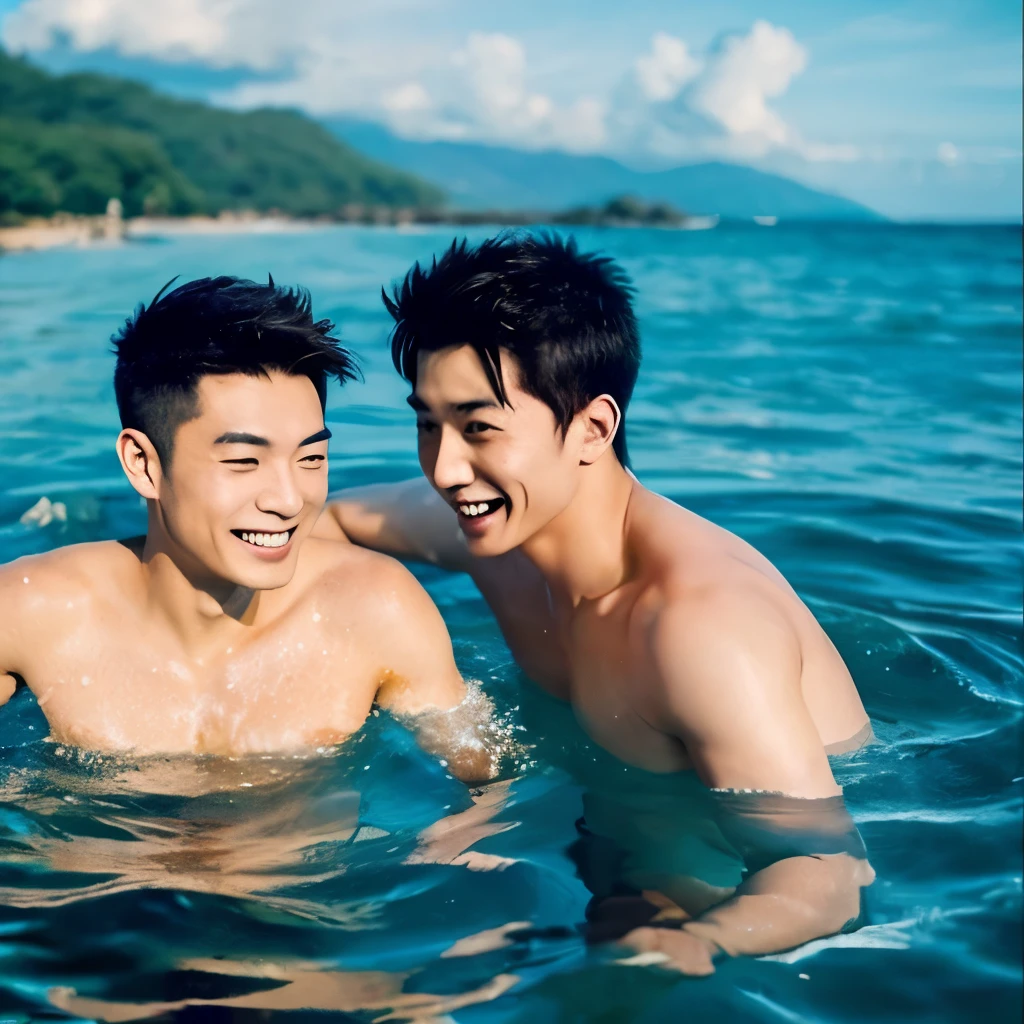 Two asian men are smiling in the water while standing in the water - SeaArt  AI