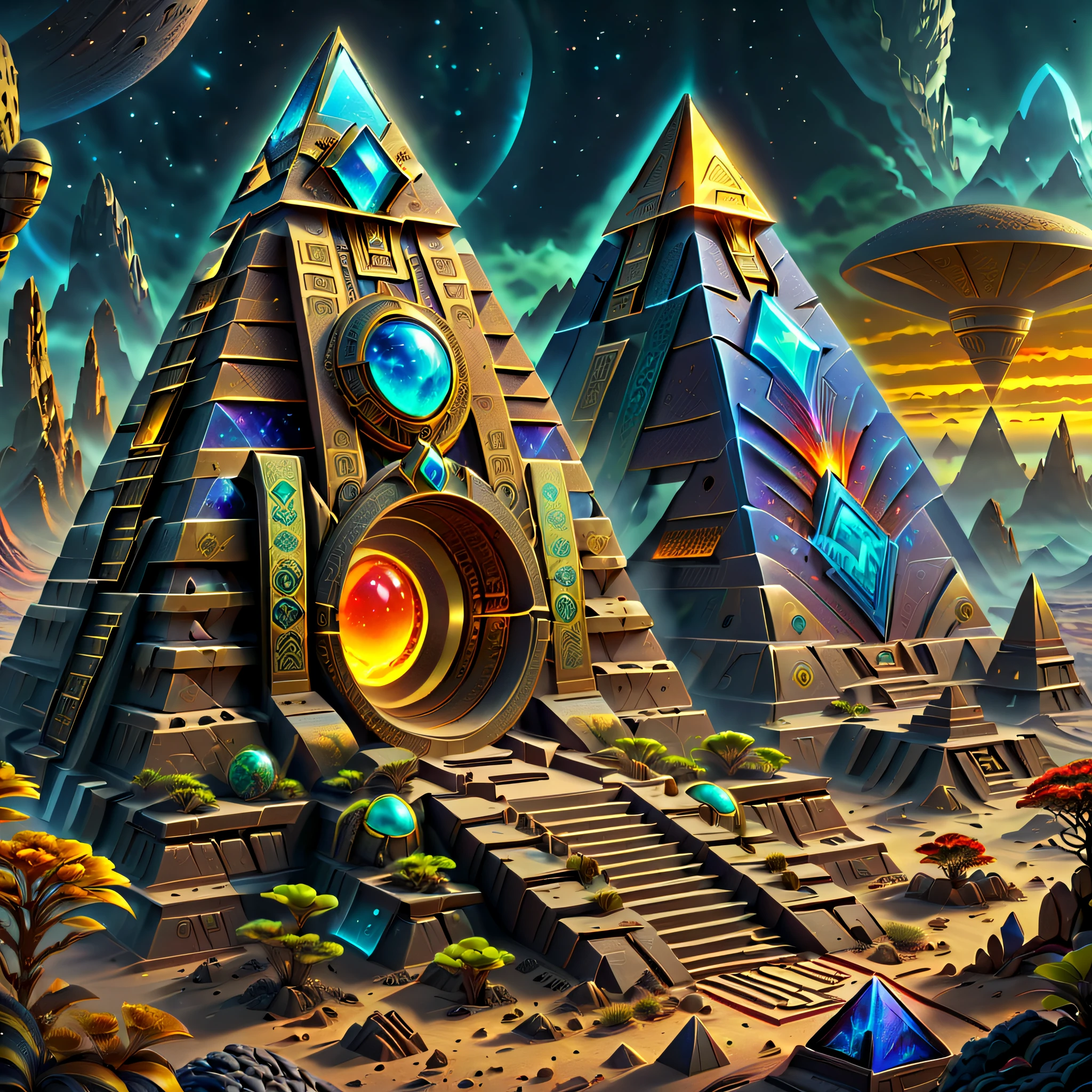 The landscape，Desert Planet，Amazing glowing ancient pyramid ruins right alien vegetation，Madras ruins，The mysterious color of alien ruins，sci-fi ruinadalun planet，magical golden light，realistically，concept-art，hyper HD，art station antasyart，epic look at your scene，Intricate patterns，Complicated details，ancient artifacts，The landscape，Mysterious ancient ruins，mirai，golden hieroglyphs，illuminated runeagnificent scale，epic scale，magical ambiance，adventuring，stunning  visuals，cinematic，Amazing scene，Greg Rutkowski (Greg Rutkowsky) and thomas kinkade (thomas kinkade) of works of art，Alien technology，ancient alien ruins，Discover wonders，in awe，energeticatmosphere，plethora of colors，vibrant with colors，nebula teeth，HighDynamicRange，an ultrafine painting，Clear focus，physically-based renderingt，Extremely detailed description，professional，hyper realisitc，beyond human imagination，spectacular lighting，Art station popular，unreal-engine，Global，(Best quality，8k，A high resolution，tmasterpiece，ultra - detailed，realistically，1.4x more realism）