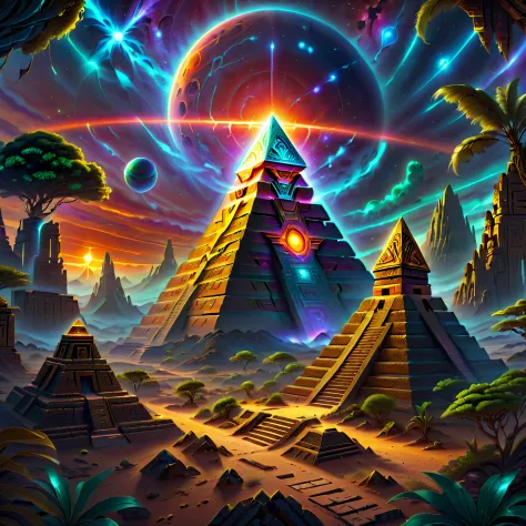 The landscape，Desert Planet，Amazing glowing ruins of ancient Mayan pyramids right alien vegetation，Madras ruins，The mysterious c...