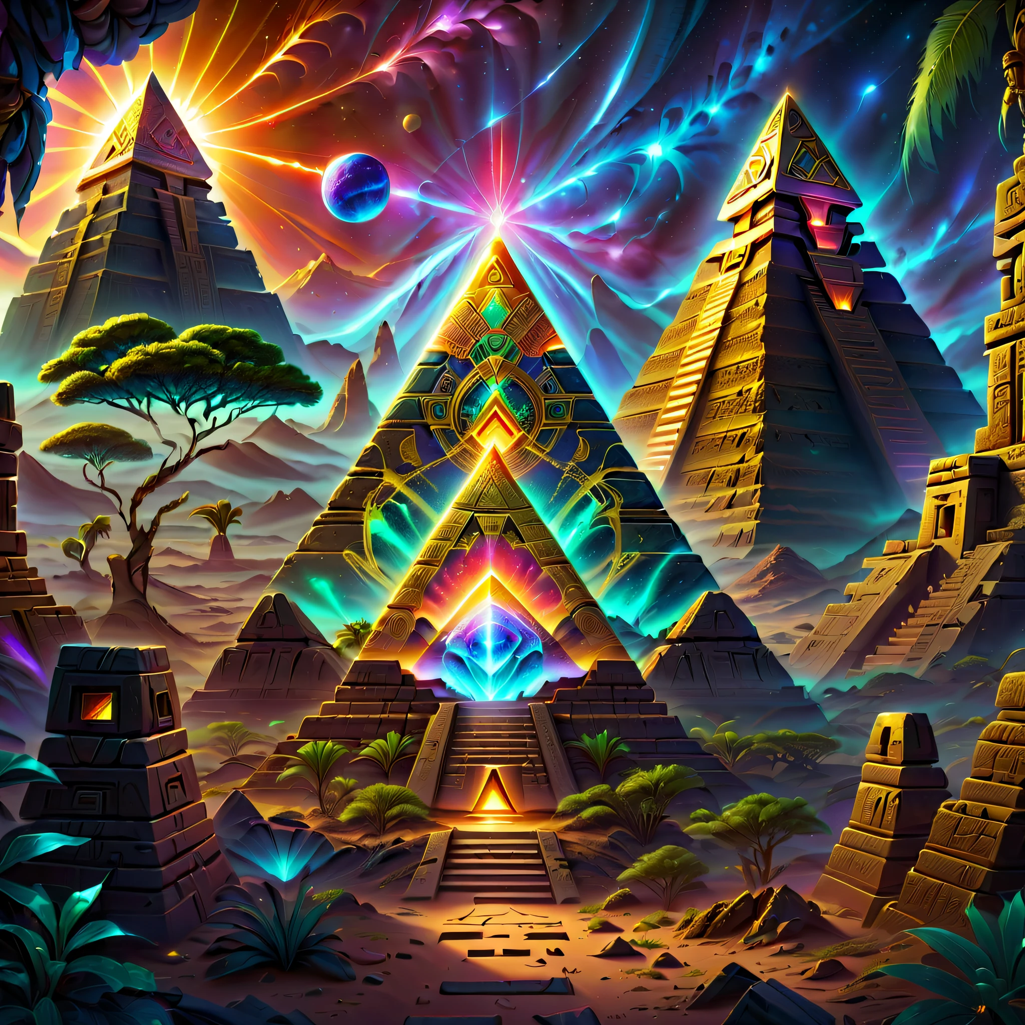 The landscape，Desert Planet，Amazing glowing ruins of ancient Mayan pyramids right alien vegetation，Madras ruins，The mysterious color of alien ruins，sci-fi ruinadalun planet，magical golden light，realistically，concept-art，hyper HD，art station antasyart，epic look at your scene，Intricate patterns，Complicated details，ancient artifacts，The landscape，Mysterious ancient ruins，mirai，golden hieroglyphs，illuminated runeagnificent scale，epic scale，magical ambiance，adventuring，stunning  visuals，cinematic，Amazing scene，Greg Rutkowski (Greg Rutkowsky) and thomas kinkade (thomas kinkade) of works of art，Alien technology，ancient alien ruins，Discover wonders，in awe，energeticatmosphere，plethora of colors，vibrant with colors，nebula teeth，HighDynamicRange，an ultrafine painting，Clear focus，physically-based renderingt，Extremely detailed description，professional，hyper realisitc，beyond human imagination，spectacular lighting，Art station popular，unreal-engine，Global，(Best quality，8k，A high resolution，tmasterpiece，ultra - detailed，realistically，1.4x more realism）