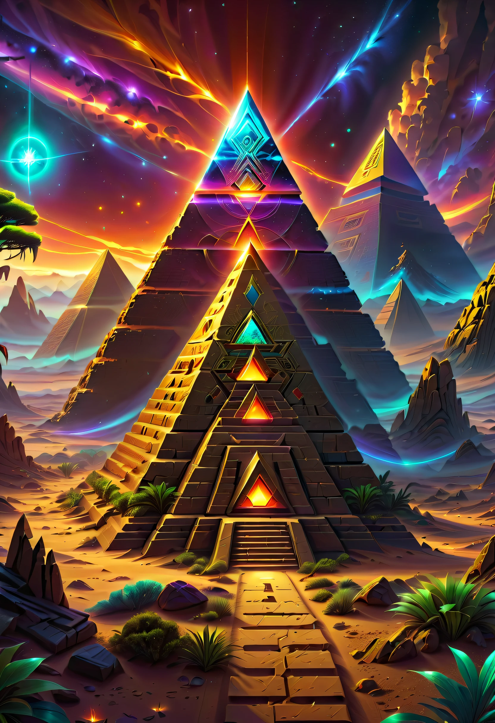 The landscape，Desert Planet，Amazing glowing ancient pyramid ruins right alien vegetation，Madras ruins，The mysterious color of alien ruins，sci-fi ruinadalun planet，magical golden light，realistically，concept-art，hyper HD，art station antasyart，epic look at your scene，Intricate patterns，Complicated details，ancient artifacts，The landscape，Mysterious ancient ruins，mirai，golden hieroglyphs，illuminated runeagnificent scale，epic scale，magical ambiance，adventuring，stunning  visuals，cinematic，Amazing scene，Greg Rutkowski (Greg Rutkowsky) and thomas kinkade (thomas kinkade) of works of art，Alien technology，ancient alien ruins，Discover wonders，in awe，energeticatmosphere，plethora of colors，vibrant with colors，nebula teeth，HighDynamicRange，an ultrafine painting，Clear focus，physically-based renderingt，Extremely detailed description，professional，hyper realisitc，beyond human imagination，spectacular lighting，Art station popular，unreal-engine，Global，(Best quality，8k，A high resolution，tmasterpiece，ultra - detailed，realistically，1.4x more realism）