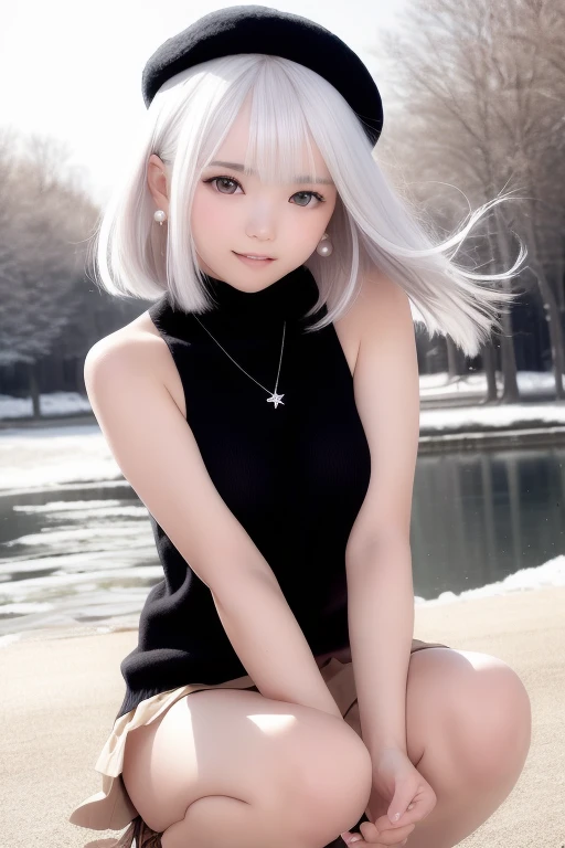 (Short flowy haircut) ,(((winter season))), cute medium side bangs, (((white hair))), winter landscape with trees and a small river in the background, ultra detailed, young Japanese woman , wearing simple pearl earrings and necklace, ((wearing thigh strap)), beautiful face, ((wearing a black sleeveless turtleneck cotton sweater)), ((medium length pleated skirt)), (skirt flowing in the wind), ((hair flowing beautifully in the wind)) , perfect smooth legs, (((knees together and pointing inwards))),  (((contrast rich rim lighting from both sides))) , ((very short red finger nail polish)), (laced up boots) , (realistic eyes) , (firm large sized breasts) , thick calves, correct anatomy, tony taka art style, (snow flakes flying in the air by a soft breeze),ultra wide angle view, ((cinematic depth of field)), bokeh particles, (((crossed arms))), (cute smiling with closed mouth), (((leaning forwards))), wearing a cute beret with a cute bow, soft filled lips, perfect teeth, ((shoulder muscles)),