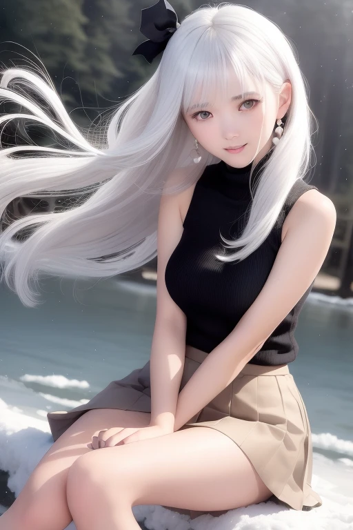 (Short flowy haircut) ,(((winter season))), cute medium side bangs, (((white hair))), winter landscape with trees and a small river in the background, ultra detailed, young Japanese woman , wearing simple pearl earrings and necklace, ((wearing thigh strap)), beautiful face, ((wearing a black sleeveless turtleneck cotton sweater)), ((medium length pleated skirt)), (skirt flowing in the wind), ((hair flowing beautifully in the wind)) , perfect smooth legs, (((knees together and pointing inwards))),  (((contrast rich rim lighting from both sides))) , ((very short red finger nail polish)), (laced up boots) , (realistic eyes) , (firm large sized breasts) , thick calves, correct anatomy, tony taka art style, (snow flakes flying in the air by a soft breeze),ultra wide angle view, ((cinematic depth of field)), bokeh particles, (((crossed arms))), (cute smiling with closed mouth), (((leaning forwards))), wearing a cute beret with a cute bow, soft filled lips, perfect teeth, ((shoulder muscles)),