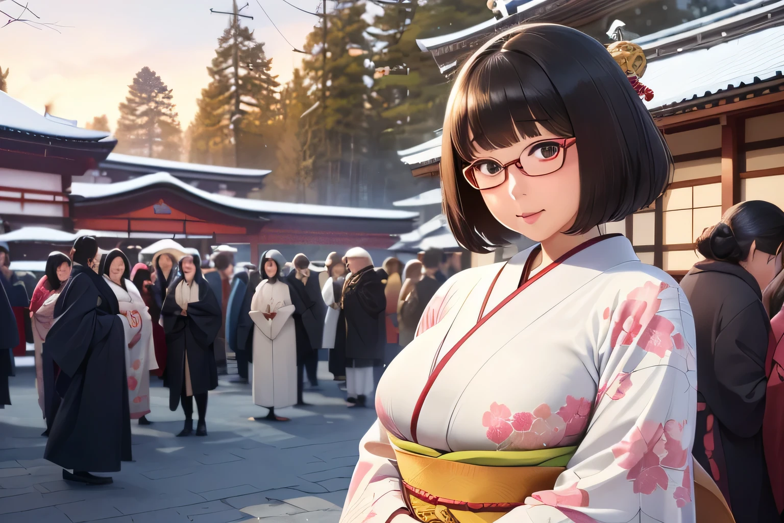 High-definition illustrations、8K、High-definition face depiction、Realistic shading、Photorealistic backgrounds、(22year old)、(Colossal breasts)、(A dark-haired、bob cuts、eye glasses)、(Brightly colored kimono、thick gown、thick white muffler)、(Winters、Shrine of Japan、New Year&#39;visit)、(There are a lot of people around:1.6)