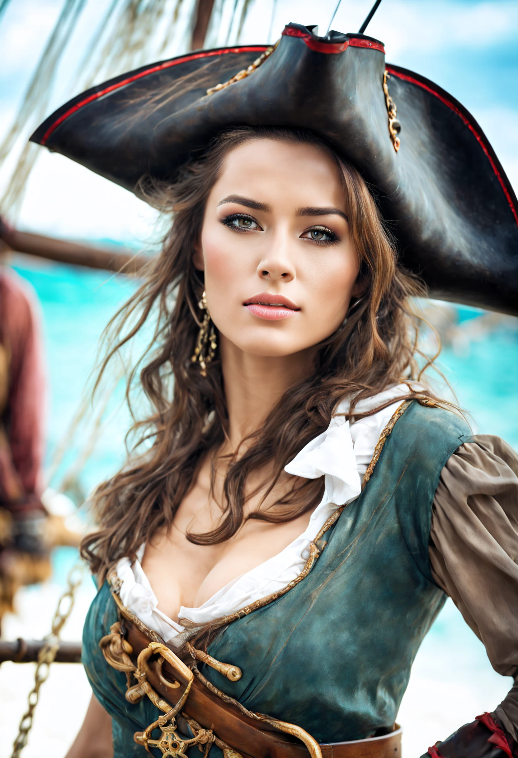 (best quality), (masterpiece), 8k, ultra resolution, ultra realistic, hyper detailed, stunning, beautiful, attractive, a woman in a pirate costume standing on a boat (pirate of the caribbean), perfect body and face, beautiful sexy woman photo, trending on pinterest,  with dark brown hair, leblanc, bust with a beautiful neck, movie photo, black pointed hat, navel, she is about 20 years old, aruba, eyecandy, realistic proportions sfw