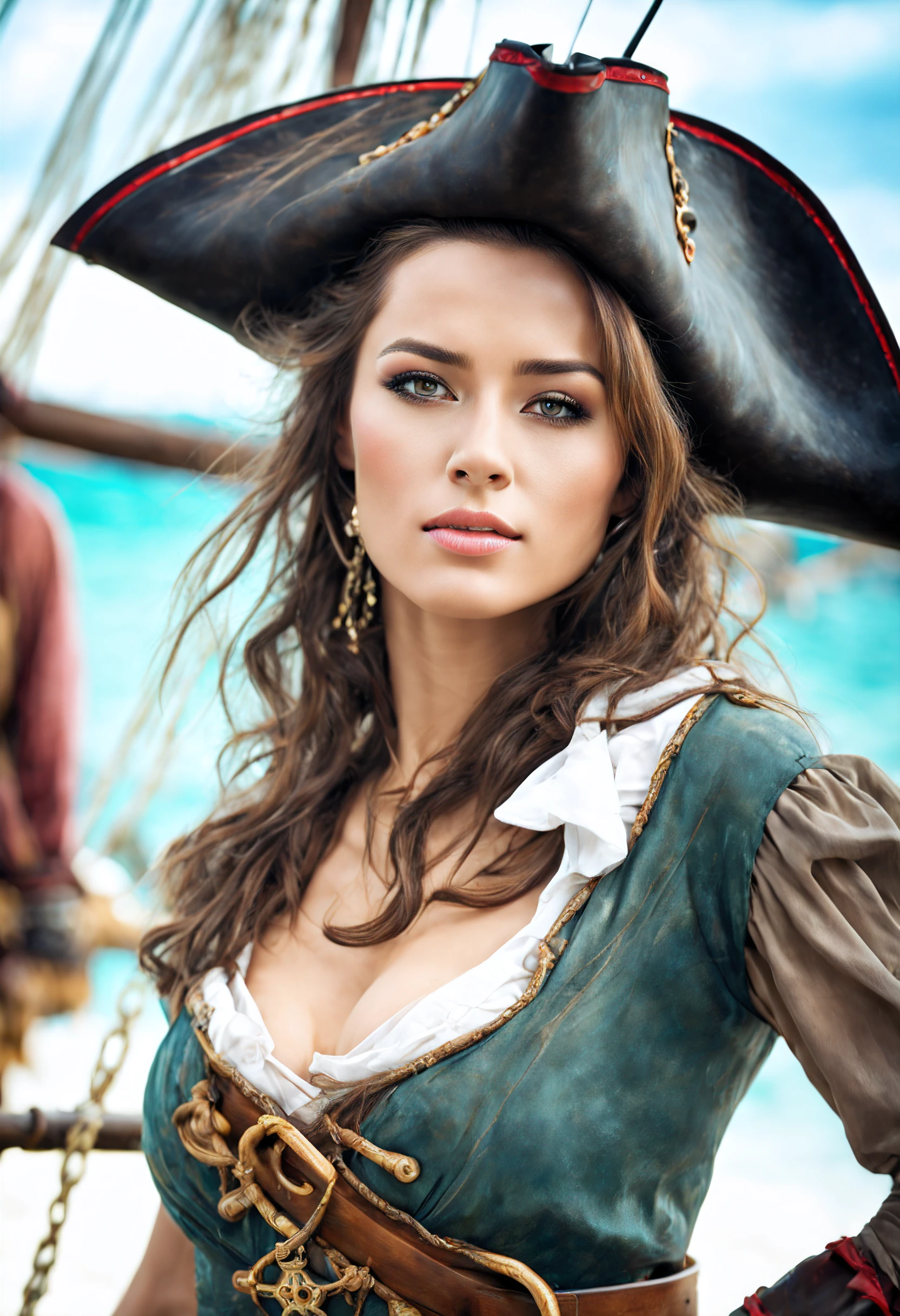 (Meilleure qualité), (chef-d&#39;œuvre), 8k, ultra résolution, Ultra réaliste, hyper détaillé, superbe, Beau, attractif, une femme en costume de pirate debout sur un bateau (pirate des caraïbes), Corps et visage parfaits, Beau sexy woman photo, tendance sur Pinterest,  aux cheveux châtain foncé, leblanc, bust with a Beau neck, photo de film, chapeau pointu noir, nombril, elle a environ 20 ans, Aruba, bonbon pour les yeux, proportions réalistes SFW