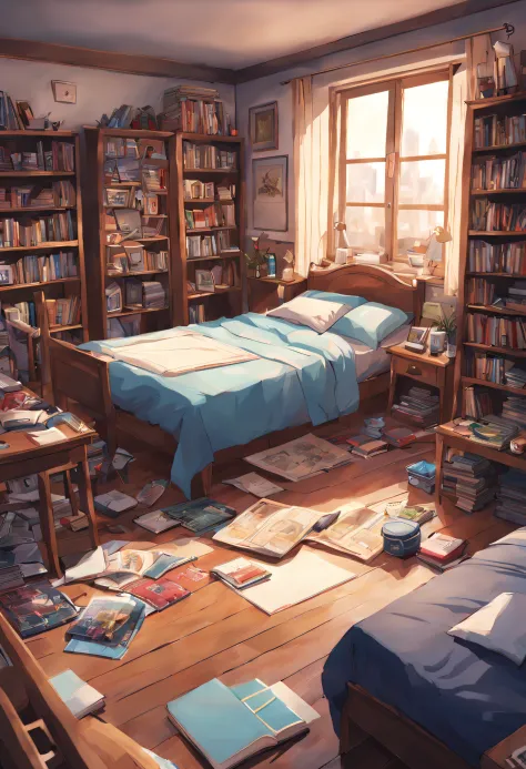 messy room, bookcase, bed, table, masterpieces, HD, high quality, high-quality, high-quality, high-quality, high-details, masterpiece, anime style, anime