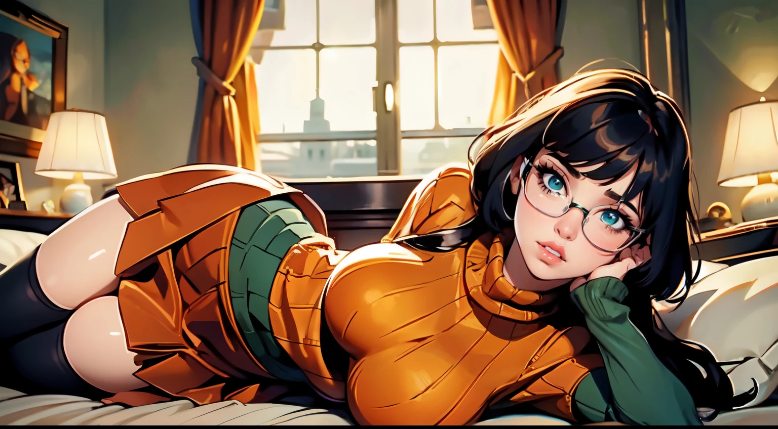 HD, 8k quality, masterpiece, Velma, dream girl huge , beautiful face, kissing lips, short bob hairstyle, long bangs, perfect makeup, realistic face, detailed eyes, green eyes, brunette hair, eyelashes, slightly open mouth, bedroom, lying on bed, showing cameltoe, eyes at viewer, orange knitted turtle neck sweater, clear lens glasses, red school girl skirt,