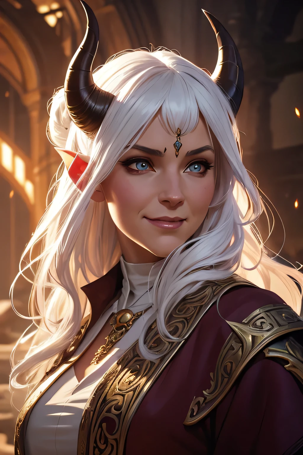 ultra realistic illustration, fantasy, dungeons & dragons, Middle aged woman, tiefling, horns, exotic white fire hair, monk, demon eyes, intricate, elegant, highly detailed, digital painting, artstation, concept art, sharp focus, illustration, art by artgerm and greg rutkowski and alphonse mucha, smiling