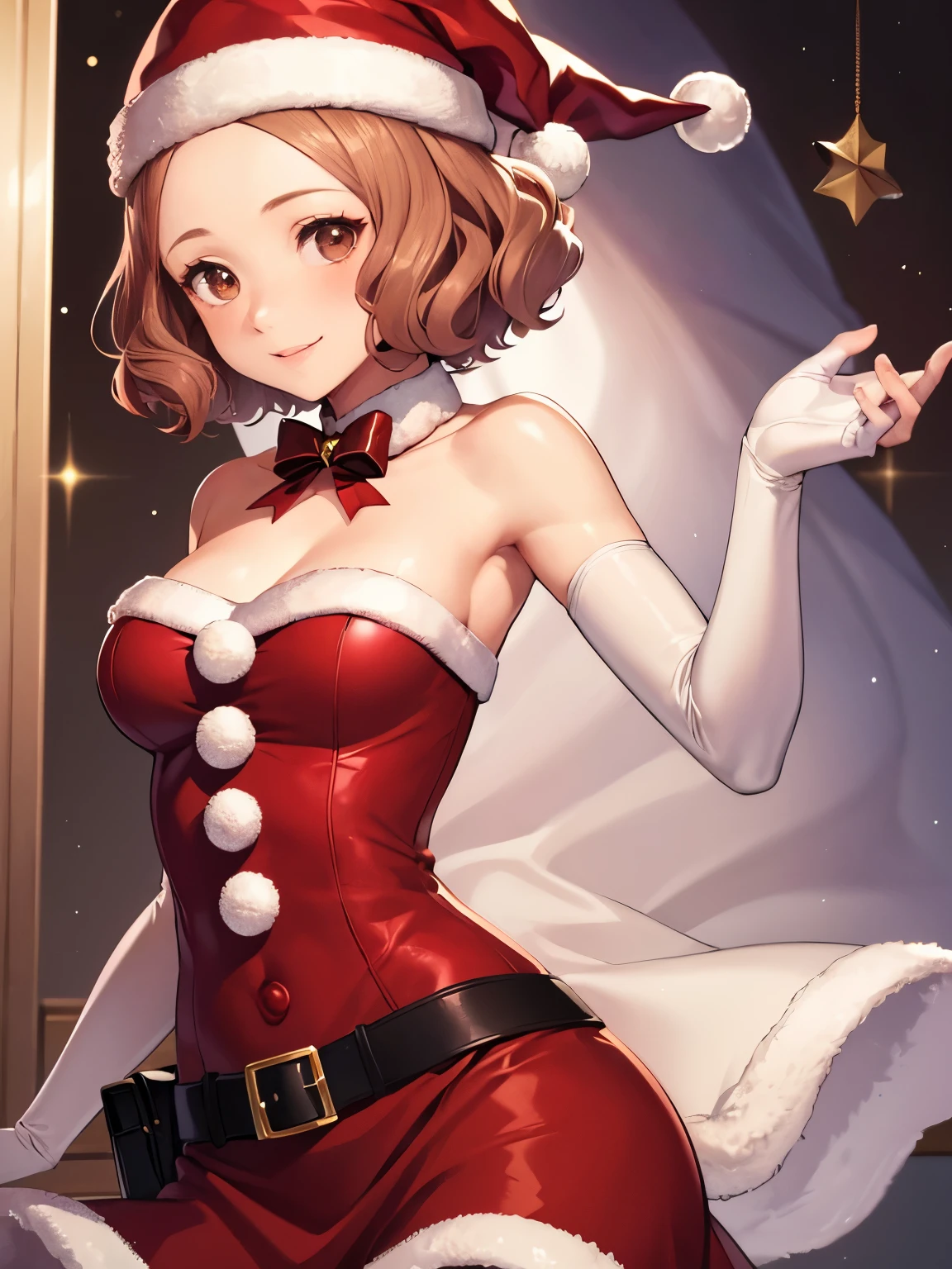 1girl, solo, masterpiece, best quality, high res, highly detailed, (illustration), beautiful detailed eyes,haru okumura, (brown eyes:1.5), brown hair, short hair,, glossy lips, makeup, smile, long white satin elbow gloves, cowboy shot, (santa), red santa dress, santa hat, strapless dress