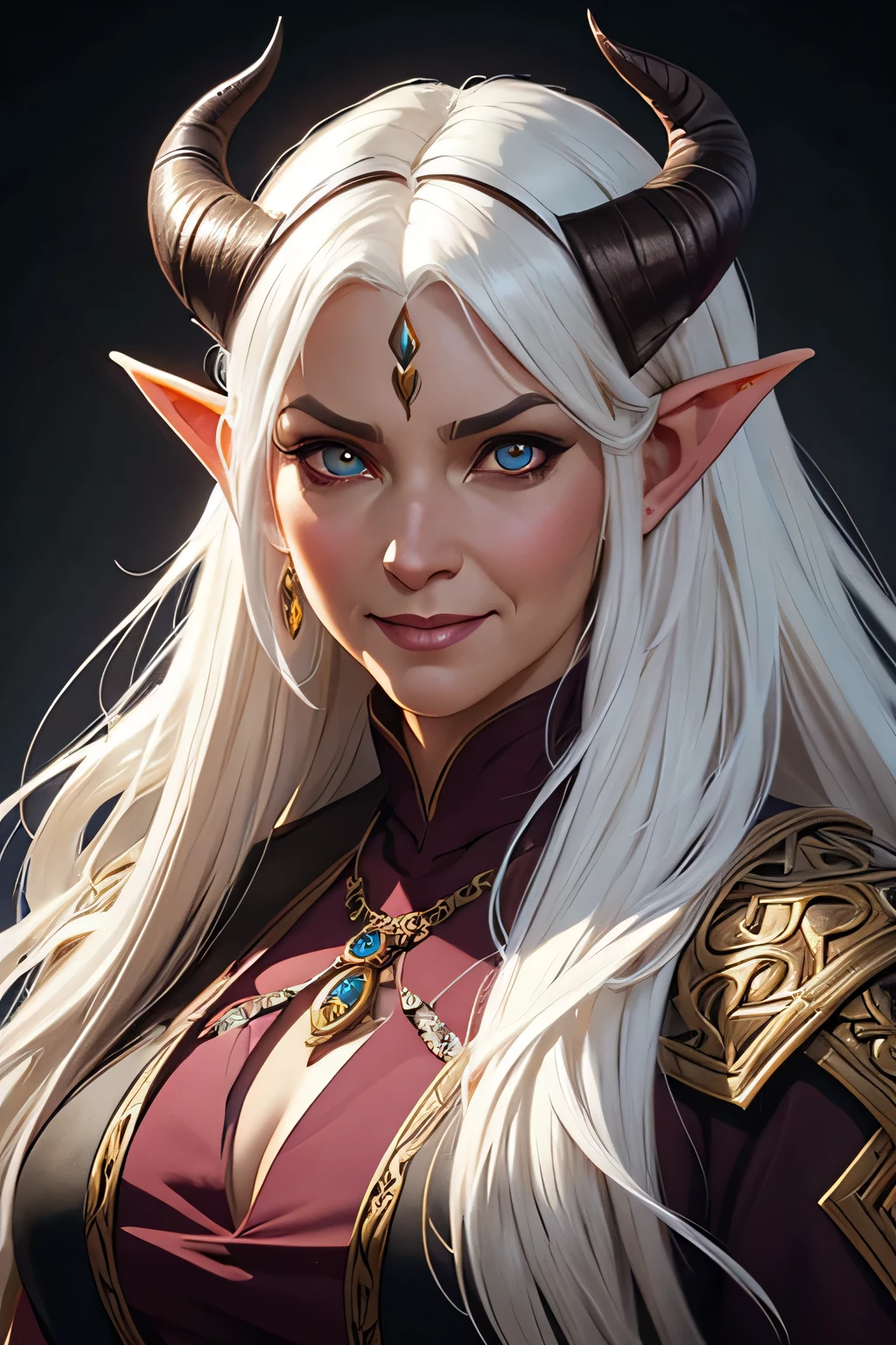 ultra realistic Illustration, Fantasie, dungeons & Drachen, Frau mittleren Alters, tiefling, Hörner, exotisches weißes Haar, monk, Dämonenaugen, kompliziert, elegant, sehr detailliert, digitale Zeichnung, artstation, Konzeptkunst, scharfer Fokus, Illustration, Kunst von Artgerm und Greg Rutkowski und Alphonse Mucha, Glücklich, lächelnd