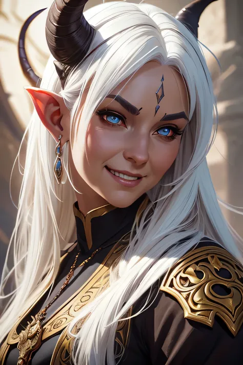 ultra realistic illustration, fantasy, dungeons & dragons, Middle aged woman, tiefling, horns, exotic white hair, monk, demon ey...