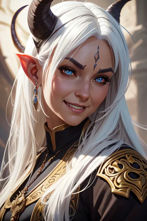 ultra realistic illustration, fantasy, dungeons & dragons, middle aged woman, tiefling, horns, exotic white hair, monk, demon ey...