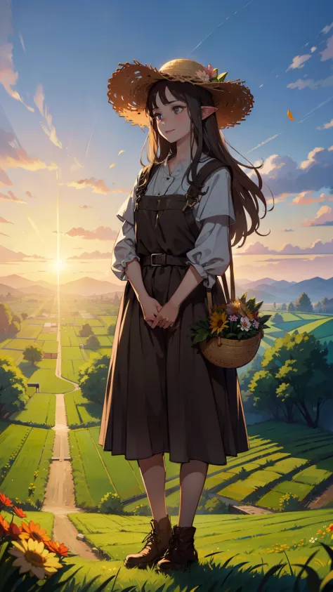 (((((girl))))), masterpiece, ultra detailed, 8K Portrait, Raw photo, woman's portrait photography, full body, Highly detailed face, ((Fantasy)), (((hobbit))), ((young)), smile, 25years old, 110cm, (((farmer))), ((white skin)),  brown long wavy hair, (((ove...
